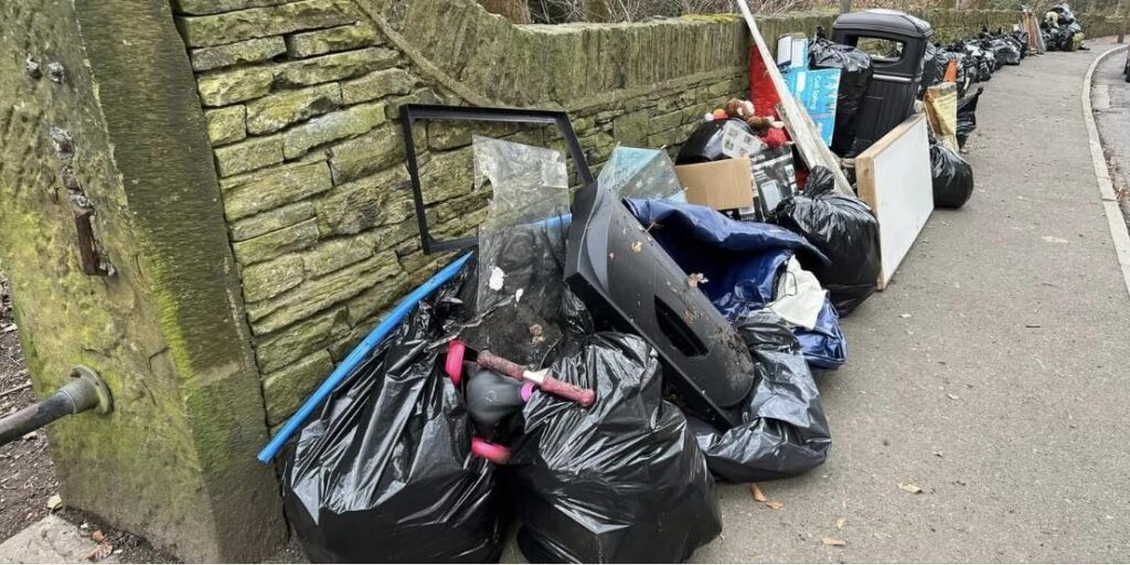 Photo of bin bags full of litter next to woodland