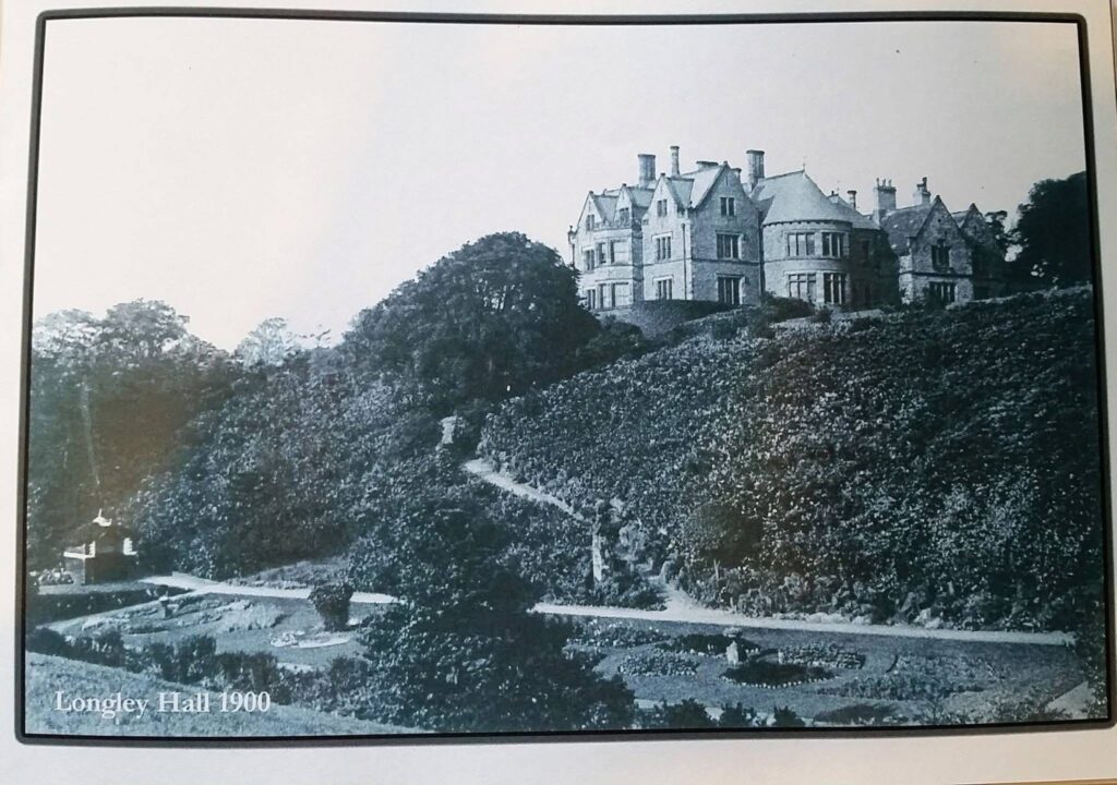 A photograph from Hidden Treasure in Longley Woods of a large grand house which is Longley Hall in 1900 with ornamental gardens below.